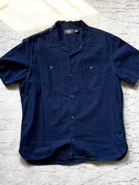 RRL Ralph Lauren  Double RL Linen  Textured Short Sleeve Shirt in Navy - L